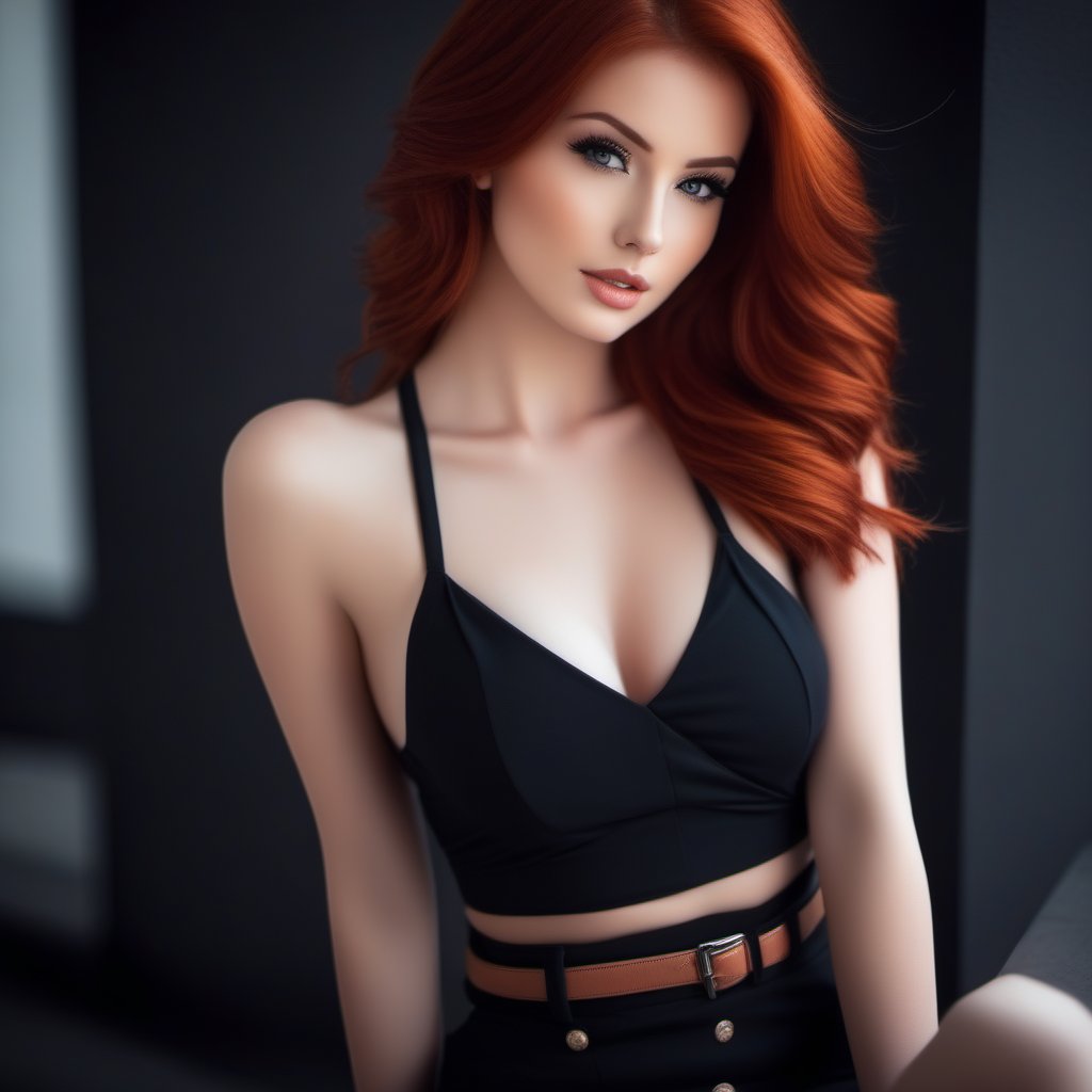 redhead girl, amazing body, casual pose, fully dressed,