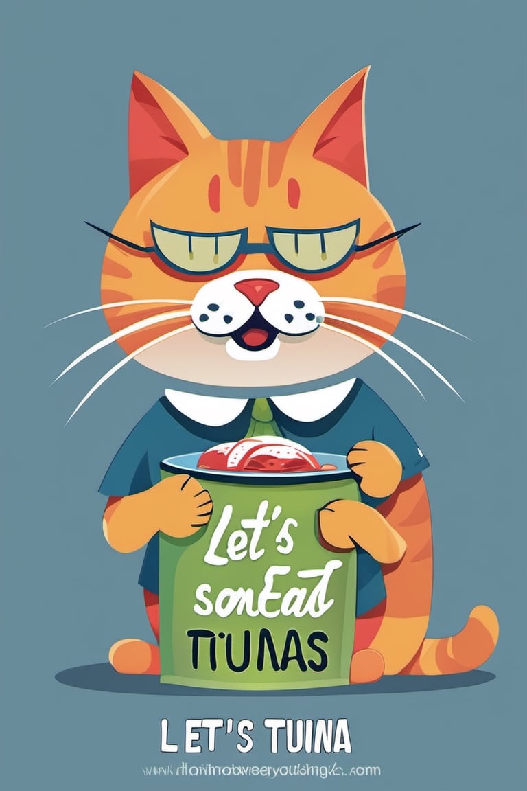 Cat with a Klaus Schwab motive shirt  and holding a sign "Let's eat Some Tunas",Flat Design