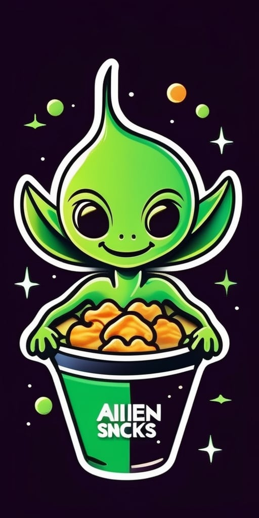 Create a minimalism continues line drawing logo, it has to include an smiling young alien, with a friendly look, with the text "Alien Snacks", cartoon style, vector style., typography