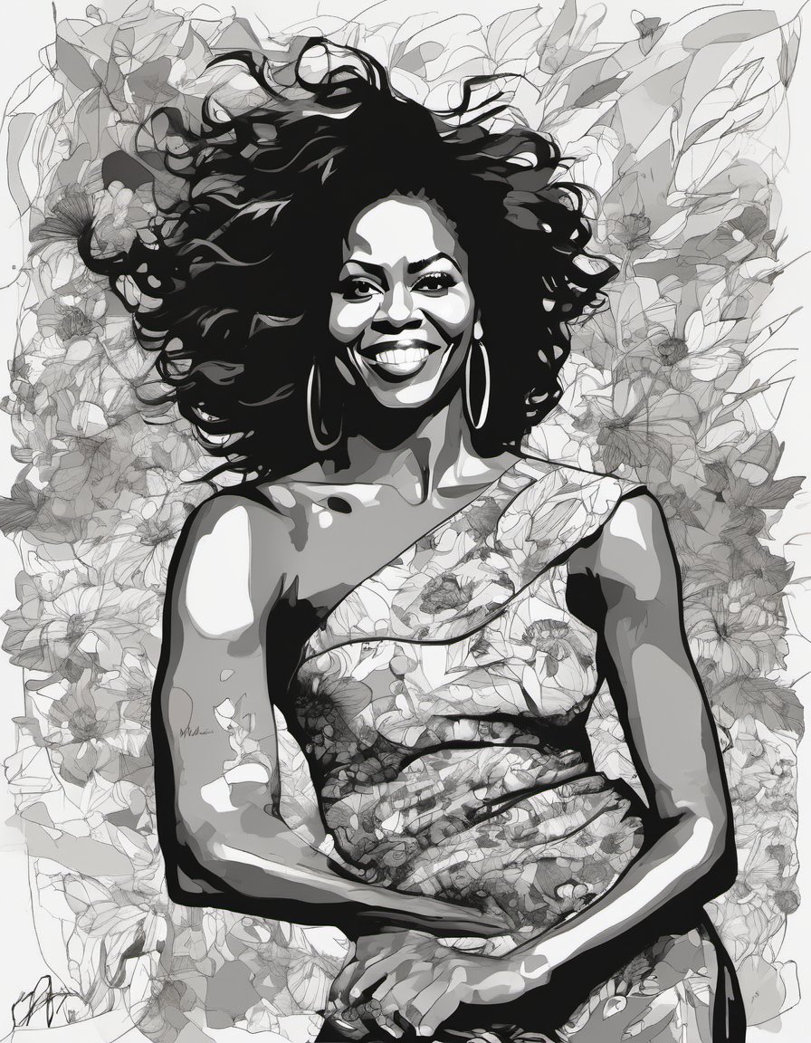 bold black lines, full-length, full face 20yo beautiful michelle obama, strong jawline face, scandalous pose, by Quentin Blake
,Mega Milkers