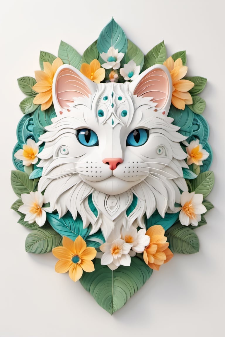 Paint a picture of the perfect balance between art and nature, Incorporate elements like flowers, leaves, animals, Cat smiling, and other natural patterns to create a unique and intricate design, symmetrical,perfect_symmetry,Leonardo Style,oni style, line_art,3d style, white background