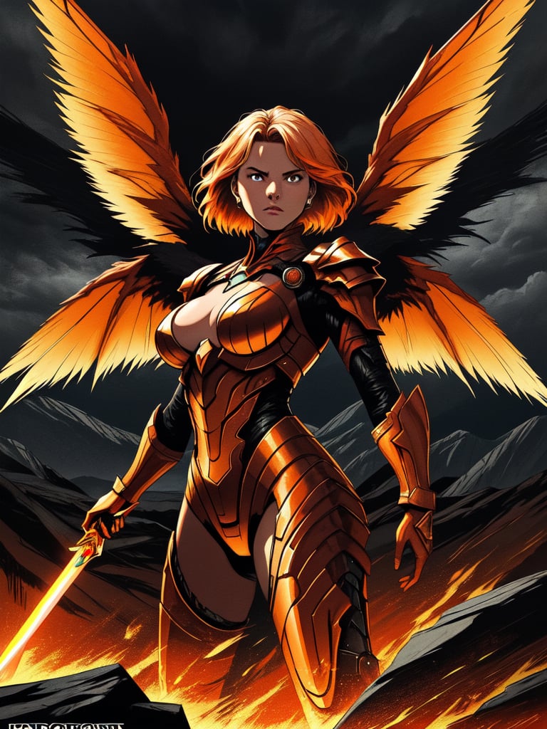 Highly detailed, dramatic digital illustration in a comic book style. The layout features a central figure, a woman with short, light-colored hair, wearing a futuristic, armored suit. She has a determined expression on her face. Her skin is light, and she is depicted with strong, confident posture. The most striking feature is the large, fiery orange wings extending from her back, contrasting sharply against the dark, stormy background. She holds a glowing, orange sword in her right hand, which matches the color of her wings. The background includes rugged, rocky terrain and a sky filled with dark clouds and orange embers, enhancing the intense, apocalyptic atmosphere of the scene.