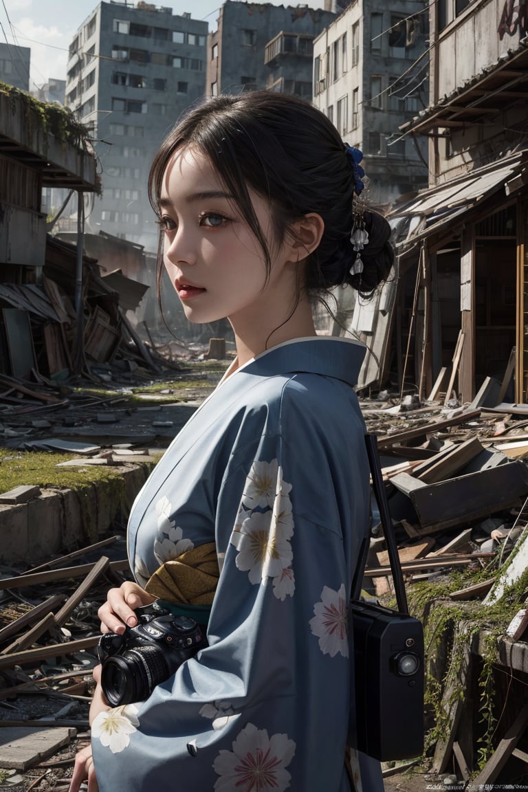 A beautiful girl,Petite girl, Young, Japanese, beautifu hair, raw photo, best quality, masterpiece, (Realistic:1.6), dressed in kimono, Ultra-detailed, soft light, 80 mm, f22. A post-apocalyptic cityscape with crumbling buildings and overgrown vegetation creates a dystopian atmosphere. Trending on Art Station Pixel for its evocative storytelling, high detail, and aesthetic appeal. SLR camera, complex details.,tadai_mahiro