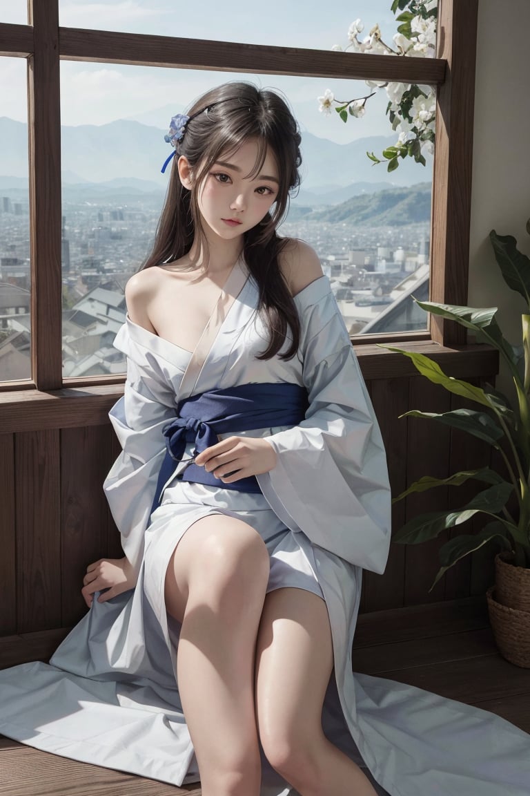 Beautiful girl, petite girl, young, Japanese, beautiful hair, raw photo, highest quality, masterpiece, (actual: 1.6), "thin white kimono", (below the knee) (shoulder out) ) ultra-definition, soft light, 80mm, f22. Plateau, Art Station Pixel is trending with its evocative storytelling, high detail and aesthetic appeal. SLR camera, intricate detail. ,tadai_mahiro