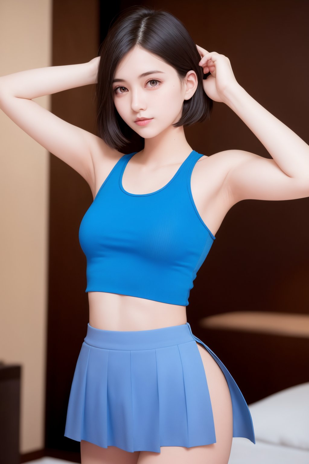 Center, 22-year-old woman, pure face, beautiful face, short hair, hand raised, beautiful armpits, see-through tank top, navel, abdomen, blue primary color long skirt, hotel room, bokeh, cover Depth of Field, | Hyper Rhythm