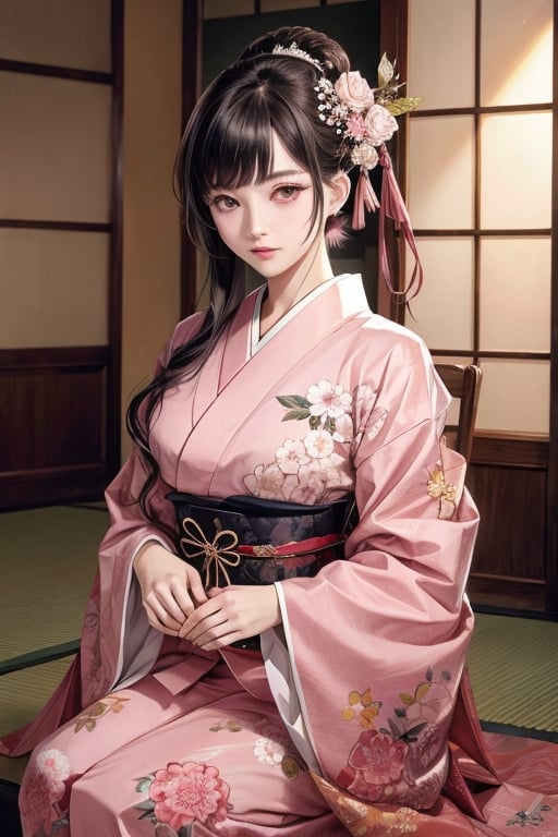 Beautiful girl, large figure, neat woman, up hair, Japanese, beautiful eyes, beautiful short cut, raw photo, highest quality, masterpiece, (actual size 1.6), pink patterned kimono, ultra high definition, soft light, 80mm, f22. , Art Station Pixel is trending due to its high level of detail, aesthetic appeal and intricate details. tadai_mahiro