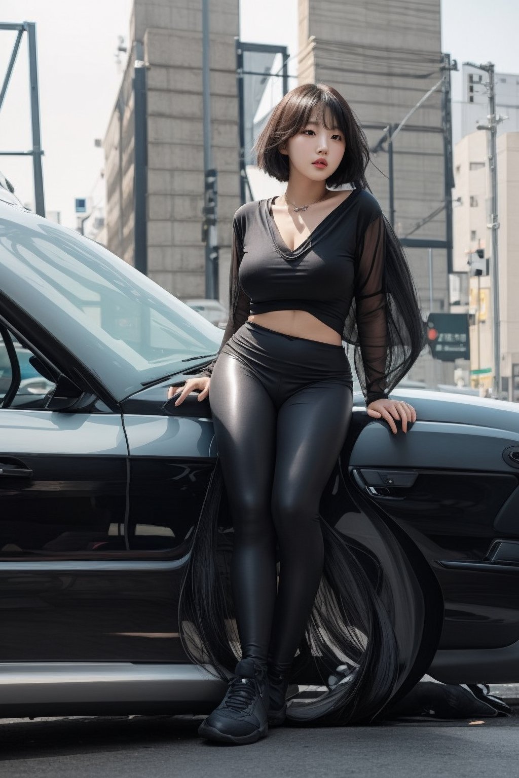 korea girl 22 year old, black sleek pixie hair style, wearing black t-shirt, (((black leggings))), sit in car