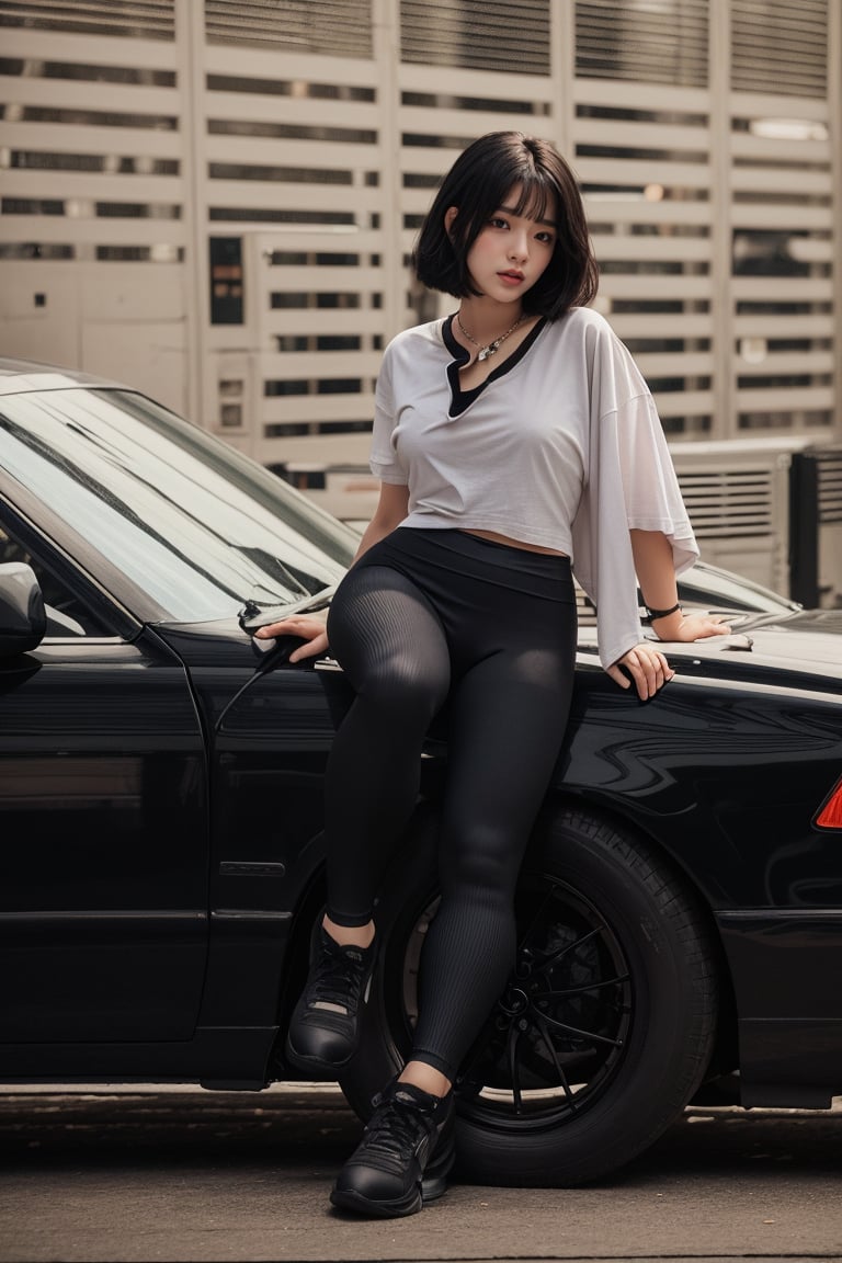 korea girl 22 year old, 53kg body weight, black sleek pixie hair style, ((((wearing black t-shirt, black tight leggings)))), soft lighting realistic shadow, hi-top all stars shoes