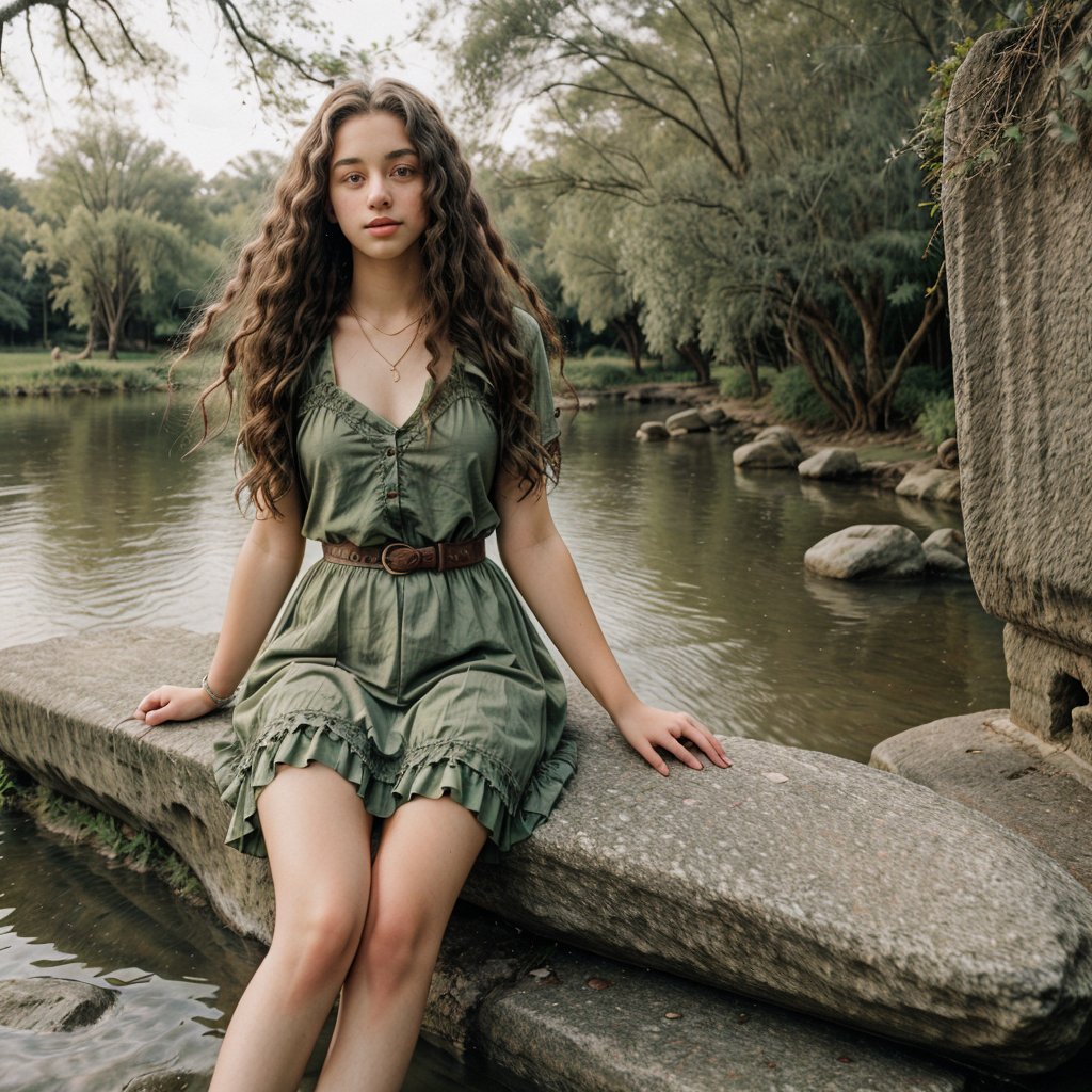  A beautiful 18 year old  teen girl  having thin lips, long curly hair, beautiful eye ,  attractive figure, attractive body ,   sitting over stone  of  a  green vally river ,  wearing old era dress, ancient environment , sharp image