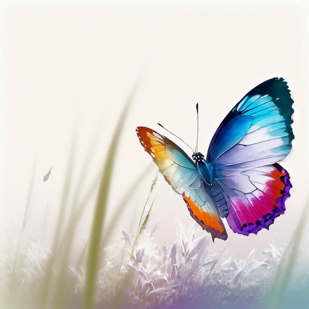 ultra white clean background, violet butterfly on sits on wild grass,Leonardo Style,Movie Still,booth, illustration