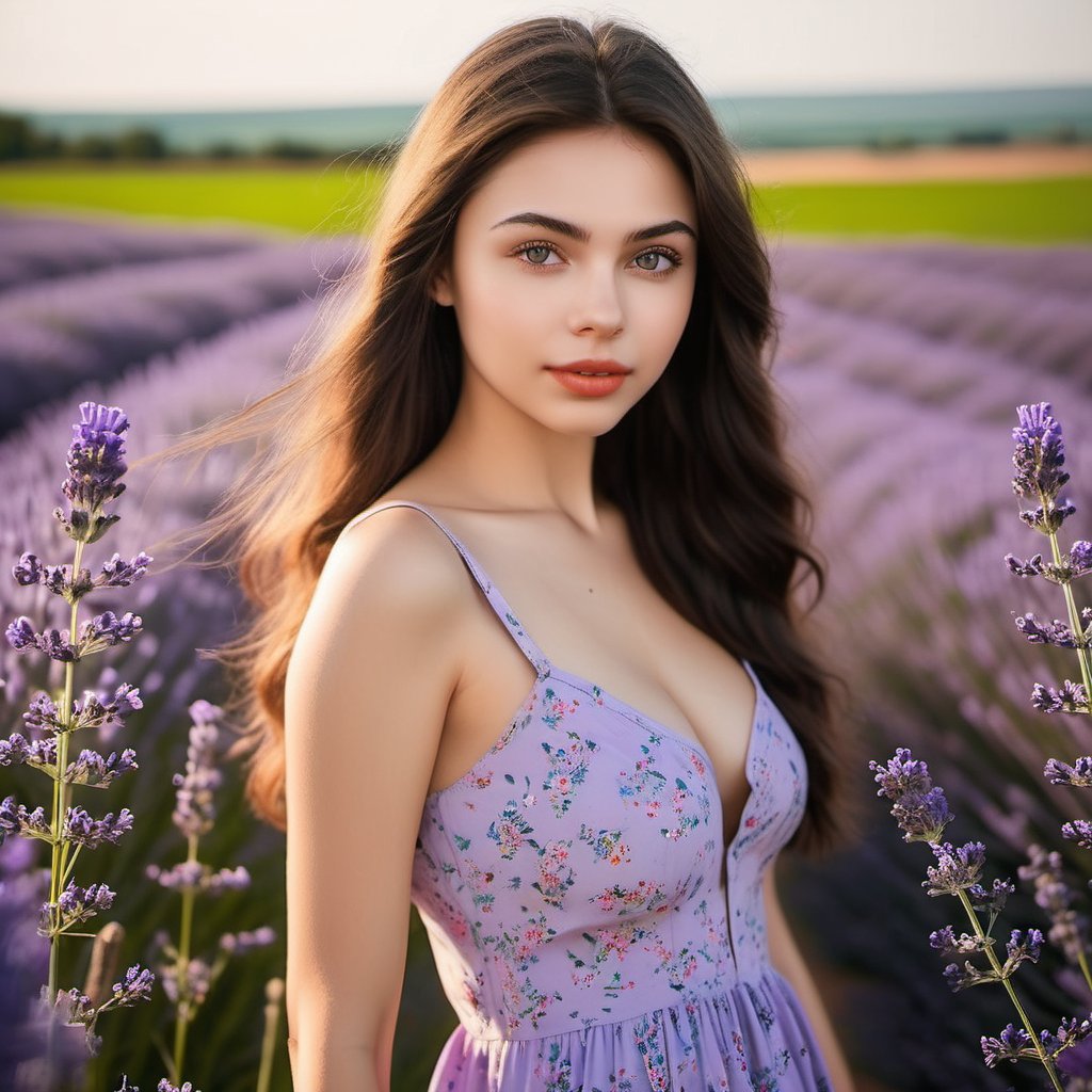 A 18 year old beautiful Attractive face, thin lip, attractive figure , beautiful eye, wearing floral dress, girl posing herself in lavender field , vibrant colours, big_boobies