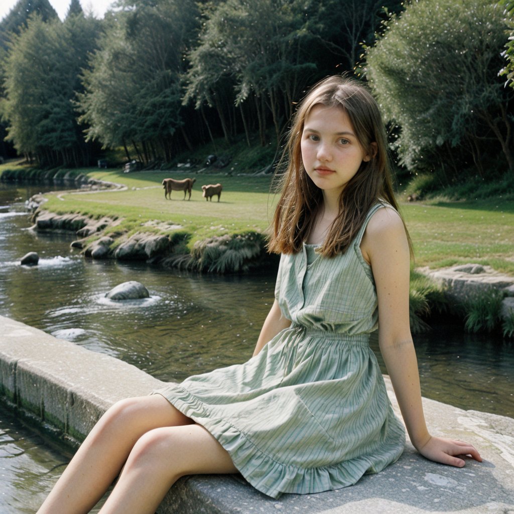  A beautiful 18 year old  teen girl look little bit like Hannah Murray ,  attractive figure, attractive body ,   sitting over stone  of  a  green vally river ,  wearing old era dress, ancient environment , sharp image