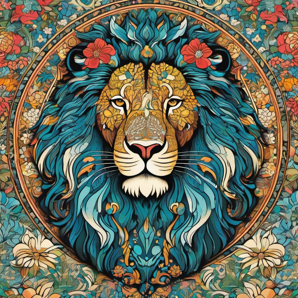 lion intricate ornamentation, detailed illustration, Unity render, blending the styles of William Morris and Takashi Murakami