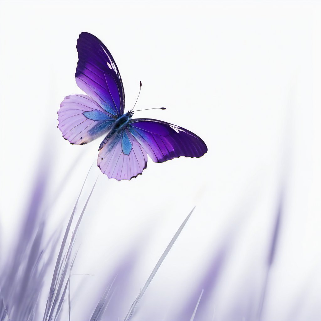 ultra white clean background, violet butterfly on sits on wild grass,Leonardo Style,Movie Still,booth