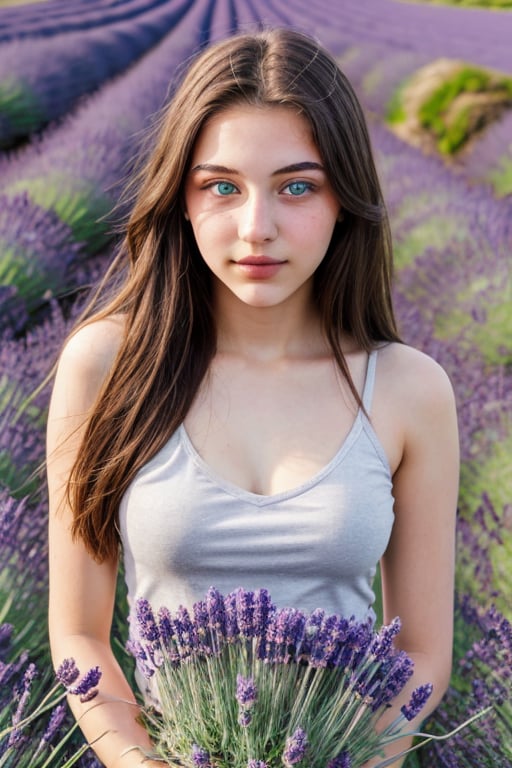 A 18 year old beautiful Attractive face, thin lip, attractive figure , beautiful eye girl posing herself in lavender field , vibrant colours, sharp clean image