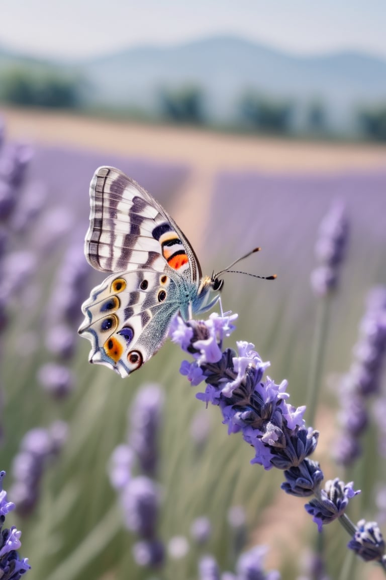 A microphotography of A butterfly, lavender field background, super clear image , Sony Alpha lens,