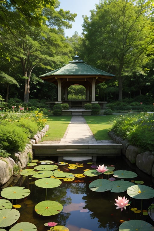 
, pavilion, lotus, pond, lotus leaves, fish, the pavilion has a long corridor, grass, rocks, rockery, frogs, the environment is daytime, the perspective is from a distance,