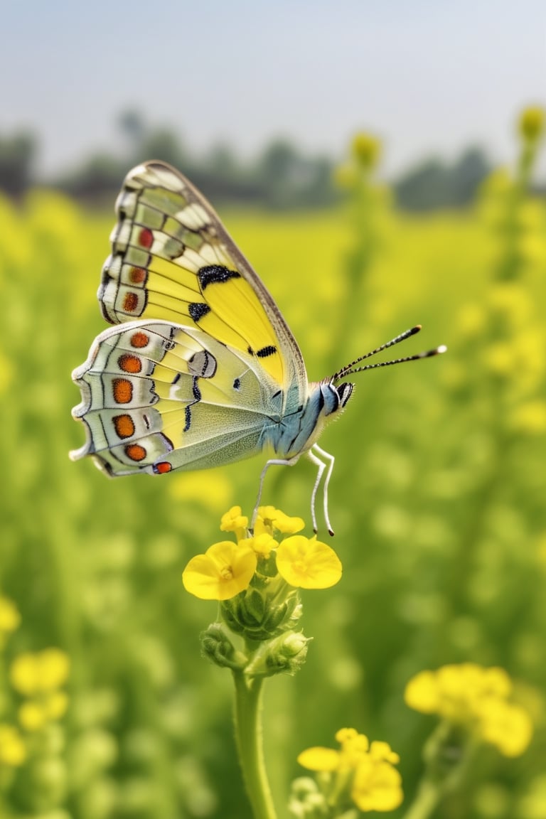 A closeup microphotography of A butterfly, mustard field background, super clear image , Sony Alpha lens,