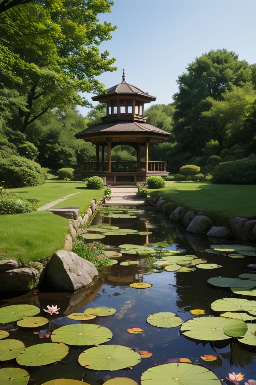 
, pavilion, lotus, pond, lotus leaves, fish, the pavilion has a long corridor, grass, rocks, rockery, frogs, the environment is daytime, the perspective is from a distance,