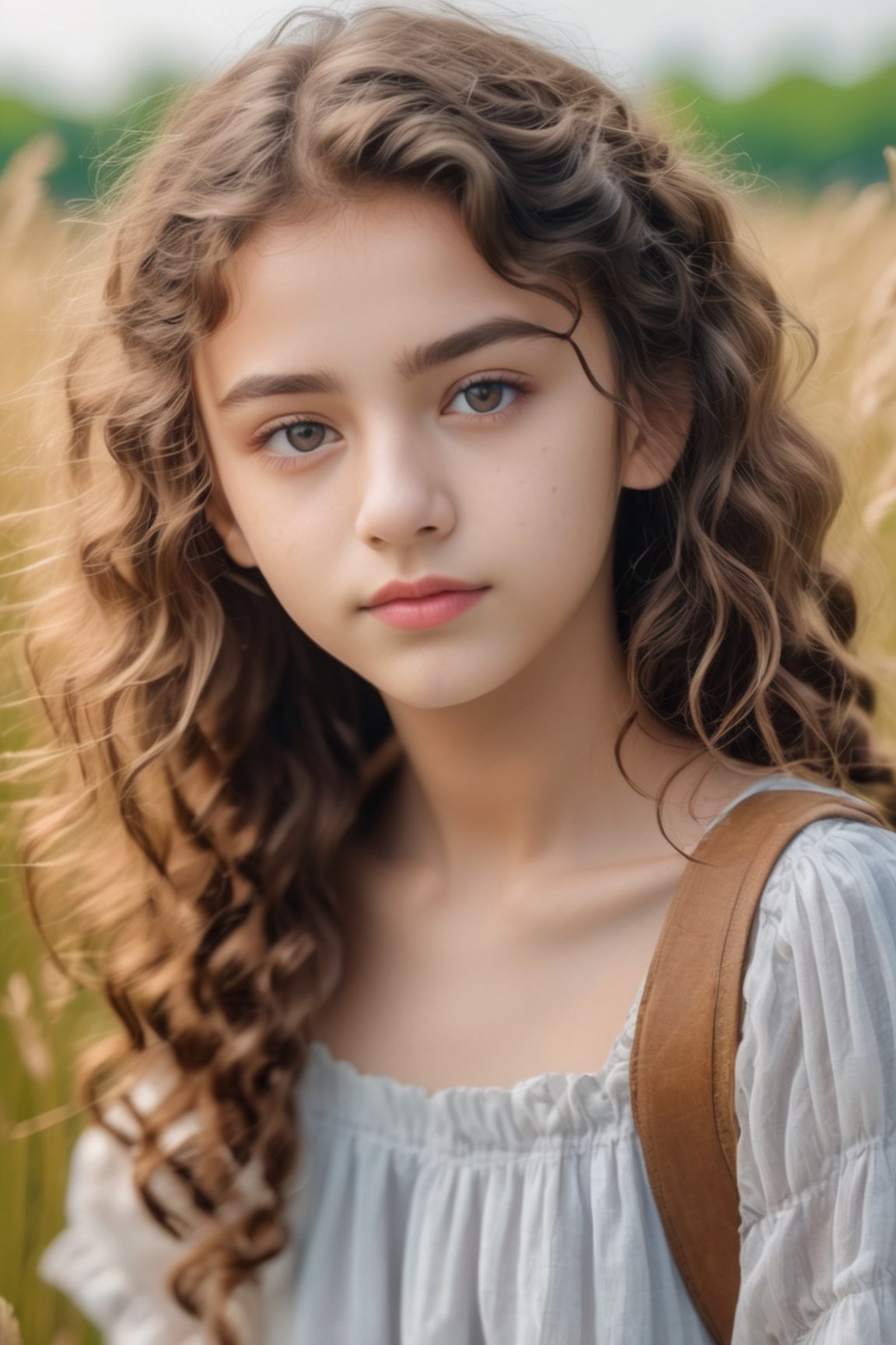 A closeup microphotography of A 21 year old teen, innocent face, beautiful innocent eye, Little bit curly hair, very attractive face , very charming, long wild  grassfield background, super clear image , Sony Alpha lens,