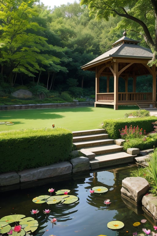 
, pavilion, lotus, pond, lotus leaves, fish, the pavilion has a long corridor, grass, rocks, rockery, frogs, the environment is daytime, the perspective is from a distance,