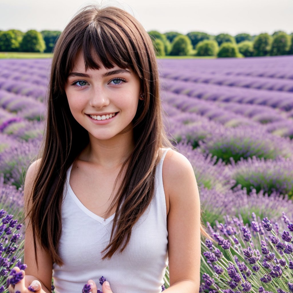 A 18 year old beautiful Attractive face,  little bit smiling, thin lip, attractive figure , beautiful eye girl posing herself in lavender field , vibrant colours, sharp clean image