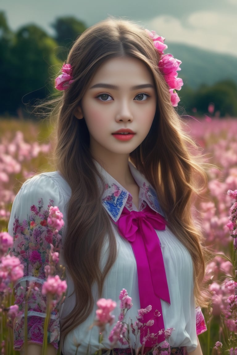 masterpiece, best quality, photorealistic, raw photo, 1 girl,  without makeup glowing skin, long hair, thin lips , straight noise, very pretty attractive face and figure, beautiful crystal clear white eyes, beautiful hair, floral collared blouse, detailed white skin, pore, depth of  mixed bright pinkflowers field, vibrant, ultra HD realistic image