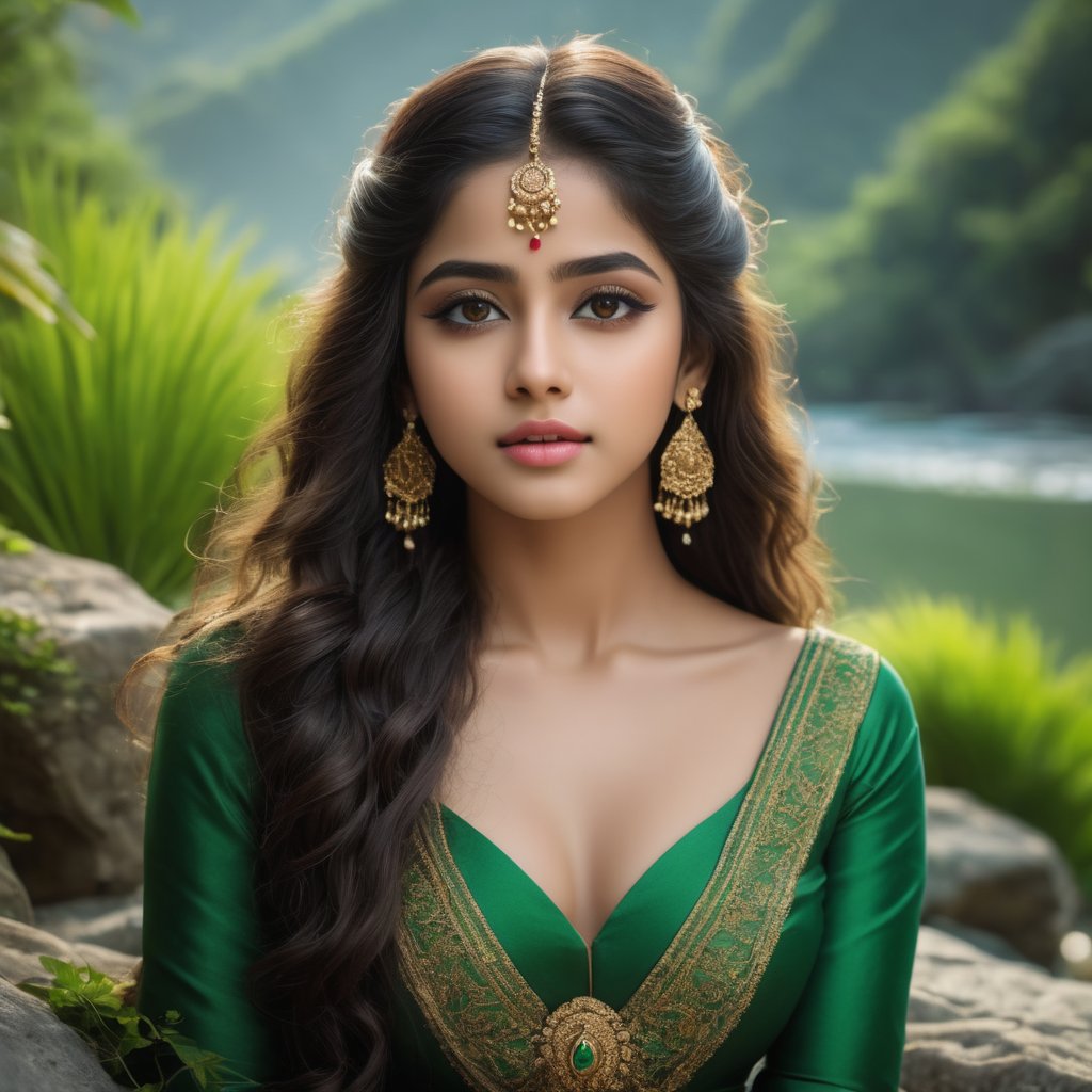  A beautiful 18 year old  teen girl  having thin lips, long curly hair, beautiful eye ,  attractive figure, attractive body ,   sitting over stone  of  a  green vally river ,  wearing old era dress, look like Jannat zubair,ancient environment , sharp image,  unsplash, stylized digital art, smooth, ultra high definition, 8k, unreal engine 5, ultra sharp focus, intricate artwork masterpiece, ominous, epic, (((real skin texture :1.3))) (((skin pores:1.3))) trending on artstation, by artgerm, h. r. giger and Beksiński, highly detailed, vibrant,photo r3al
Negative Prompt,bul4n,Detailedface,NYFlowerGirl,Movie Still