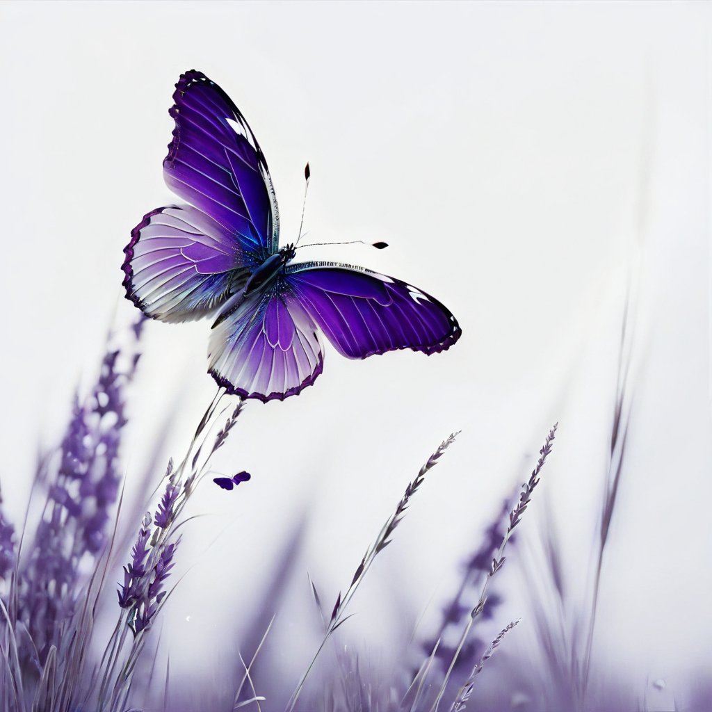 ultra white clean background, violet butterfly on sits on wild grass,Leonardo Style,Movie Still,booth