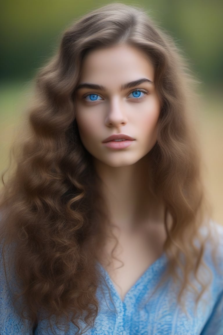 A 21 years old girl Face , in straight noise, big eye , thin lips , long curly hair, blue eyes, attractive figure, every detail of face , country side background