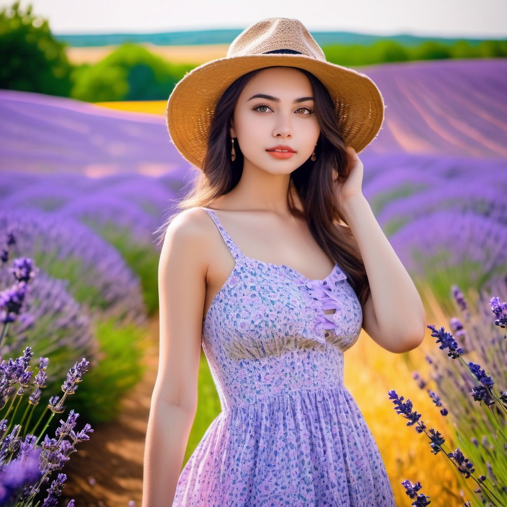 A 18 year old beautiful Attractive face, thin lip, attractive figure , beautiful eye, wearing floral dress, girl posing herself in lavender field , vibrant colours, big_boobies