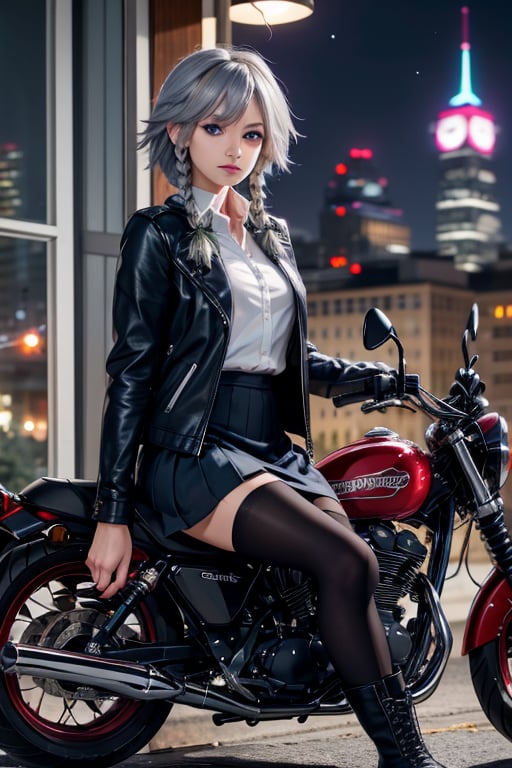 masterpiece, best quality, highres, 1girl, solo, izayoi Sakuya, cute, blue eyes, braid, grey hair, short hair, twin braids, medium breasts, shirt, black jacket, high boots, skirt, pantyhose, night, motorcycle