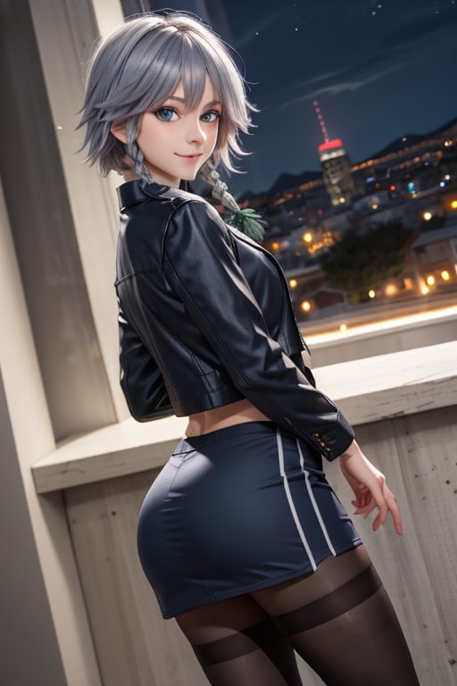 masterpiece, best quality, highres, 1girl, solo, izayoi Sakuya, cute, blue eyes, braid, grey hair, short hair, twin braids, medium breasts, small smile, shirt, black jacket, high boots, skirt, pantyhose, night, ass