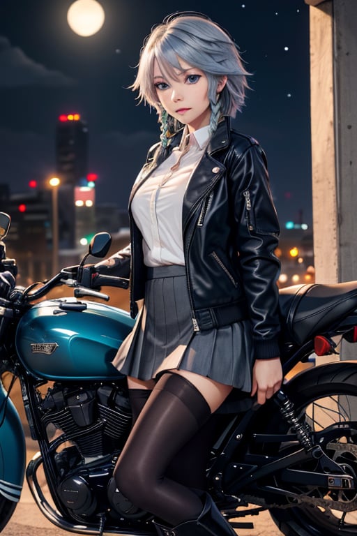 masterpiece, best quality, highres, 1girl, solo, izayoi Sakuya, cute, blue eyes, braid, grey hair, short hair, twin braids, medium breasts, shirt, black jacket, high boots, skirt, pantyhose, night, motorcycle