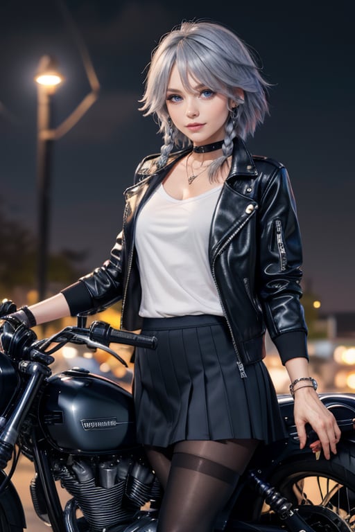 masterpiece, best quality, highres, 1girl, solo, izayoi Sakuya, cute, blue eyes, braid, grey hair, short hair, twin braids, medium breasts, jawerly, choker necklace, bracelet, shirt, black jacket, high boots, skirt, pantyhose, night, motorcycle