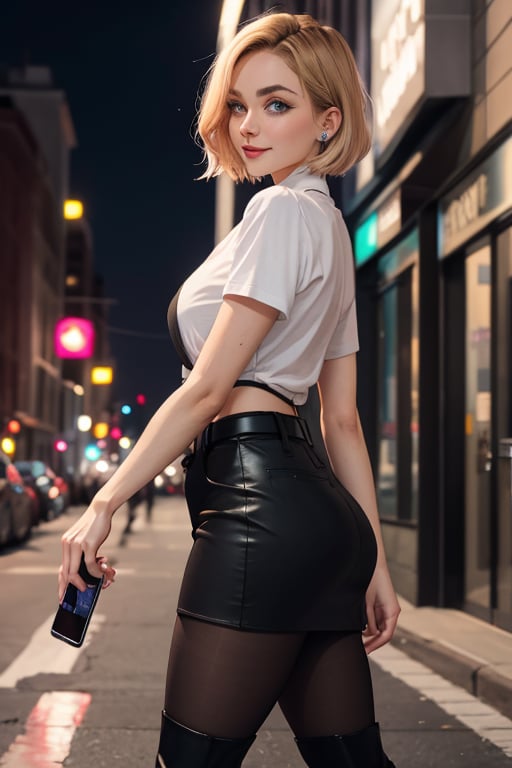 masterpiece, best quality, highres, blonde hair, cute, mature girl, small pink tips on hair, sidecut hair, side cut, wide hips, short hair, blue eyes, big eyes, big breasts, piercing, piercing eyebrows, small smile, cut hairs, pantyhose, black thigh skirt, belt, high boots, small t-shirt, walking, street, night, ass, holding phone