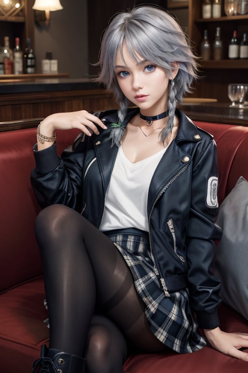 masterpiece, best quality, highres, 1girl, solo, izayoi Sakuya, cute, blue eyes, braid, grey hair, short hair, twin braids, medium breasts, jawerly, choker necklace, bracelet, shirt, black jacket, high boots, skirt, pantyhose, sit, sofa, seductive pose,crossed legs, bar