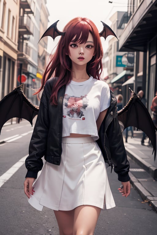 masterpiece, best quality, highres, 1girl, solo, koakuma, amber eyes, mature, mature girl, milf, medium breasts, long hair, crimson hair, big eyes, wings behind, wings on head, white t-shirt, black jacket, short wide skirt, street, 