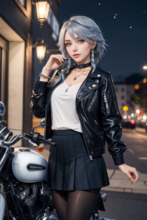 masterpiece, best quality, highres, 1girl, solo, izayoi Sakuya, cute, blue eyes, braid, grey hair, short hair, twin braids, medium breasts, jawerly, choker necklace, bracelet, shirt, black jacket, high boots, skirt, pantyhose, night, motorcycle