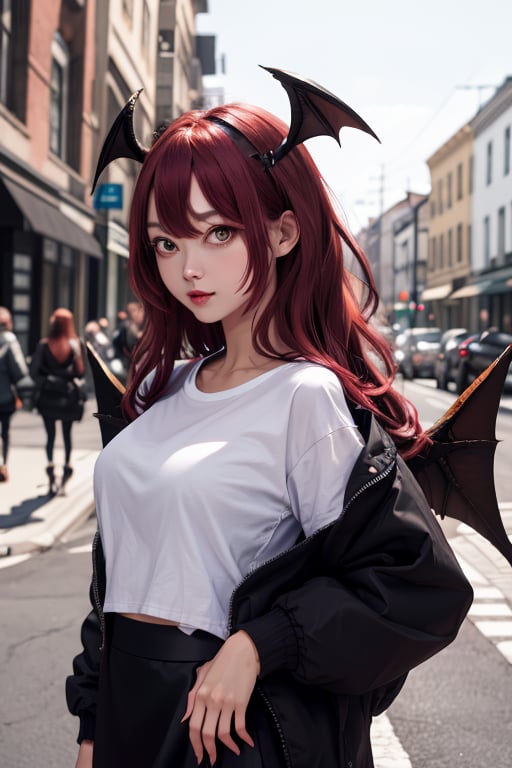 masterpiece, best quality, highres, 1girl, solo, koakuma, amber eyes, mature, mature girl, milf, medium breasts, long hair, crimson hair, big eyes, wings behind, wings on head, white t-shirt, black jacket, short wide skirt, street, 