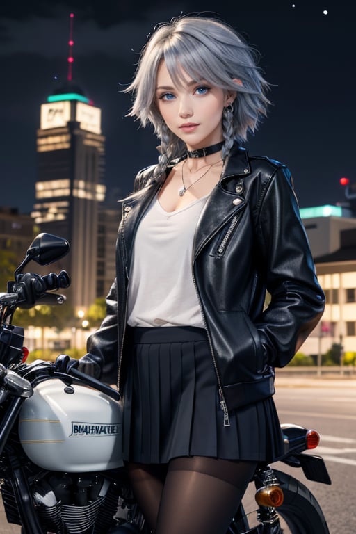 masterpiece, best quality, highres, 1girl, solo, izayoi Sakuya, cute, blue eyes, braid, grey hair, short hair, twin braids, medium breasts, jawerly, choker necklace, bracelet, shirt, black jacket, high boots, skirt, pantyhose, night, motorcycle