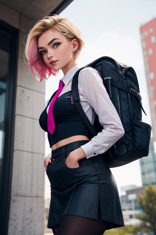 masterpiece, best quality, highres, blonde hair, cute, mature girl, small pink tips on hair, sidecut hair, side cut, wide hips, short hair, blue eyes, big eyes, big breasts, piercing, piercing eyebrows, small smile, cut hairs, pantyhose, navy skirt, dark shirt, necktie, backpack,  view from below, punk