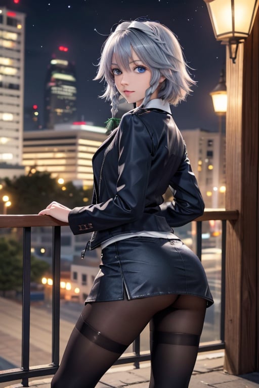 masterpiece, best quality, highres, 1girl, solo, izayoi Sakuya, cute, blue eyes, braid, grey hair, short hair, twin braids, medium breasts, shirt, black jacket, high boots, skirt, pantyhose, night, ass