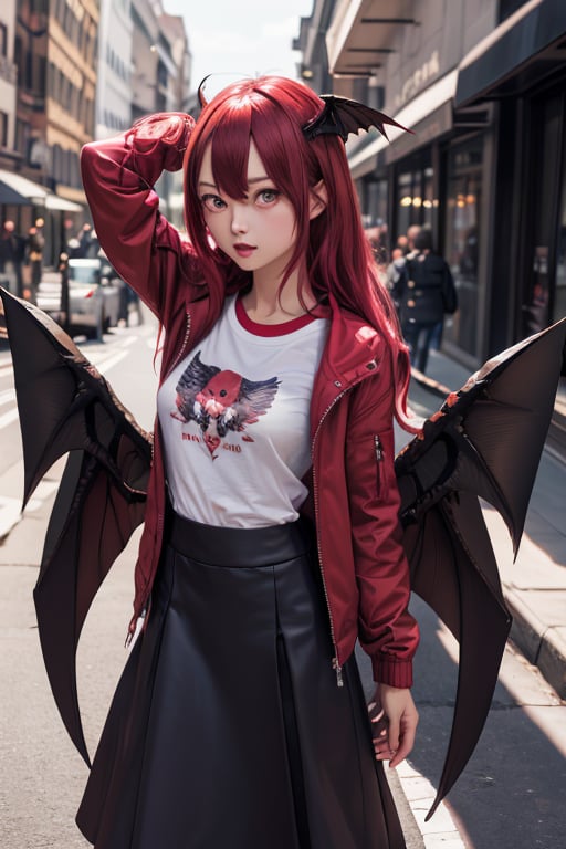 masterpiece, best quality, highres, 1girl, solo, koakuma, mature, mature girl, milf, medium breasts, long hair, crimson hair, weak crimson eyes, big eyes, crimson eyes, wings behind, wings on head, t-shirt, jacket, short wide skirt, street, 