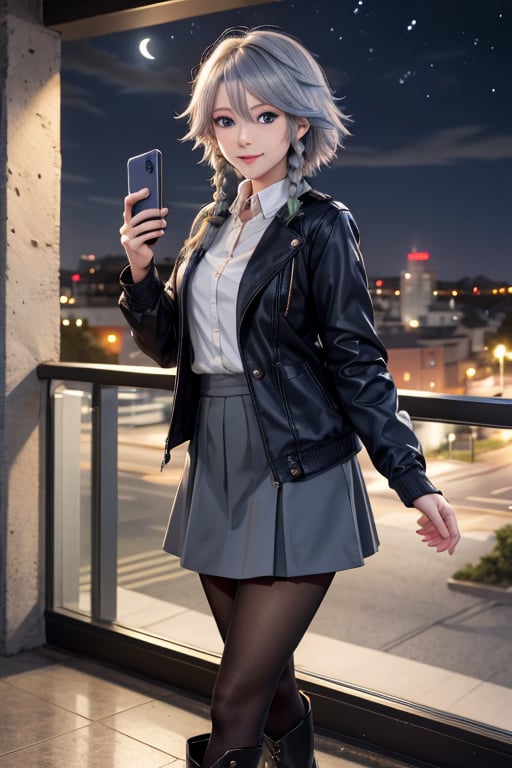 masterpiece, best quality, highres, 1girl, solo, izayoi Sakuya, cute, blue eyes, braid, grey hair, short hair, twin braids, medium breasts, small smile, shirt, black jacket, high boots, skirt, pantyhose, night, holding phone