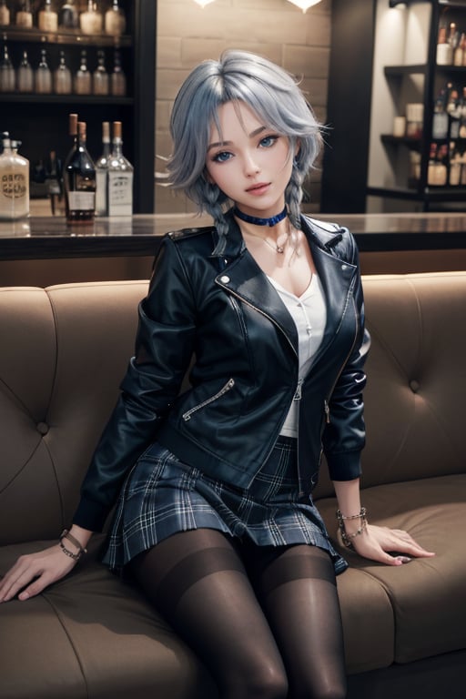 masterpiece, best quality, highres, 1girl, solo, izayoi Sakuya, cute, blue eyes, braid, grey hair, short hair, twin braids, medium breasts, jawerly, choker necklace, bracelet, shirt, black jacket, high boots, skirt, pantyhose, sit, sofa, caffe shop, bar