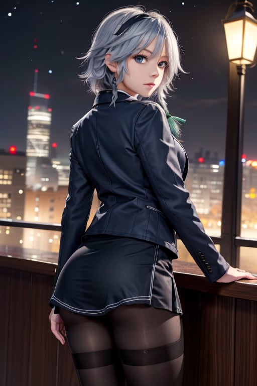 masterpiece, best quality, highres, 1girl, solo, izayoi Sakuya, cute, blue eyes, braid, grey hair, short hair, twin braids, medium breasts, shirt, black jacket, high boots, skirt, pantyhose, night, ass