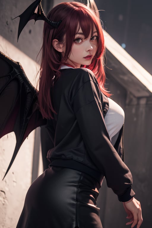 masterpiece, best quality, highres, 1girl, solo, koakuma, weak red eyes, mature, mature girl, milf, medium breasts, long hair, crimson hair, big eyes, wings behind, wings on head, white t-shirt, black jacket, short wide skirt,  