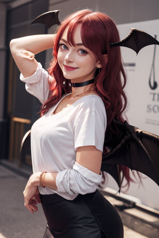 masterpiece, best quality, highres, 1girl, solo, koakuma, weak red eyes, mature, mature girl, milf, medium breasts, long hair, crimson hair, big eyes, wings behind, small wings on head, cute, weak smile, jewelry, choker necklace, bracelet,  white t-shirt, black jacket, short wide skirt,  