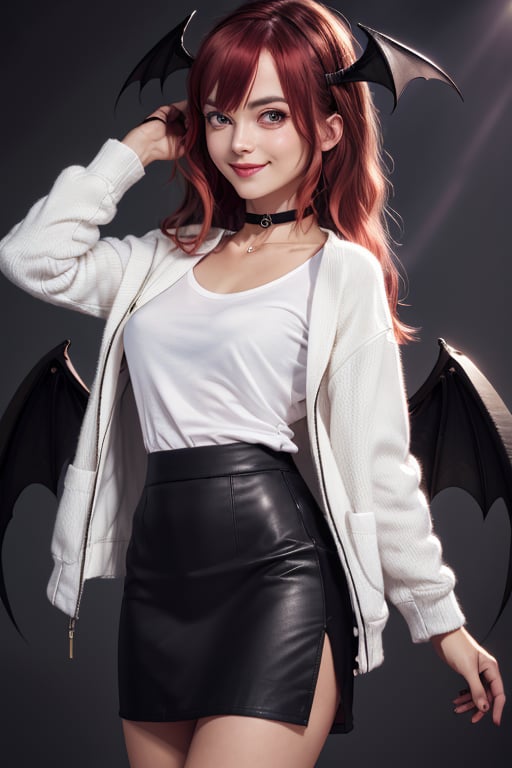 masterpiece, best quality, highres, 1girl, solo, koakuma, weak red eyes, mature, mature girl, milf, medium breasts, long hair, crimson hair, big eyes, wings behind, small wings on head, cute, weak smile, jewelry, choker necklace, bracelet,  white t-shirt, black jacket, short wide skirt,  